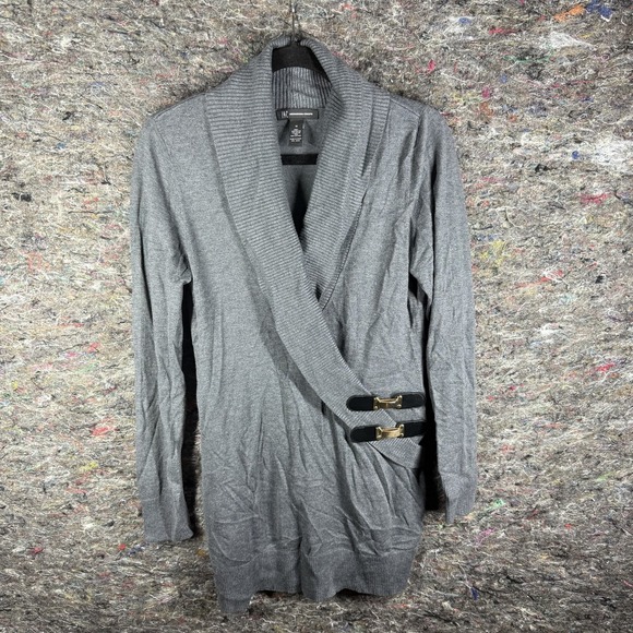 INC International Concepts Sweater Womens Medium Gray Open Cardigan‎ Buckle Wrap - Picture 1 of 11